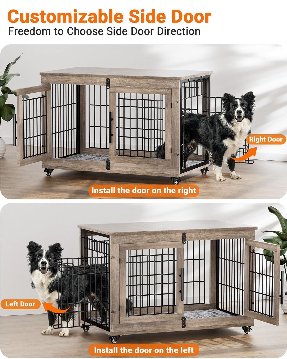 Dog Crate Furniture with Cushion, Large Wooden Dog Kennel Indoor with Double Doors, Dog Cage with Wheels, Dog House Side End Table for Large Medium Dogs up to 70 lb, 38.5” L, Grey YaFiti