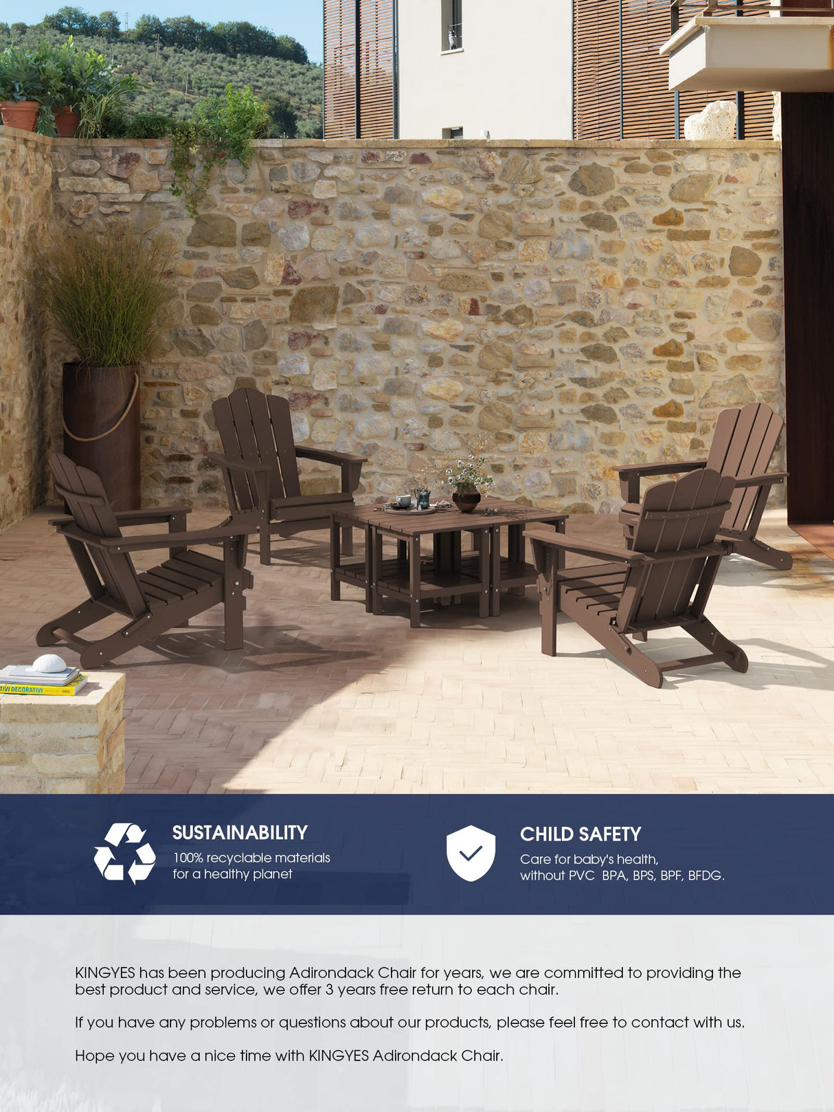 KINGYES Folding Adirondack Chair, HDPE All-Weather Folding Adirondack Chair, Brown KINGYES