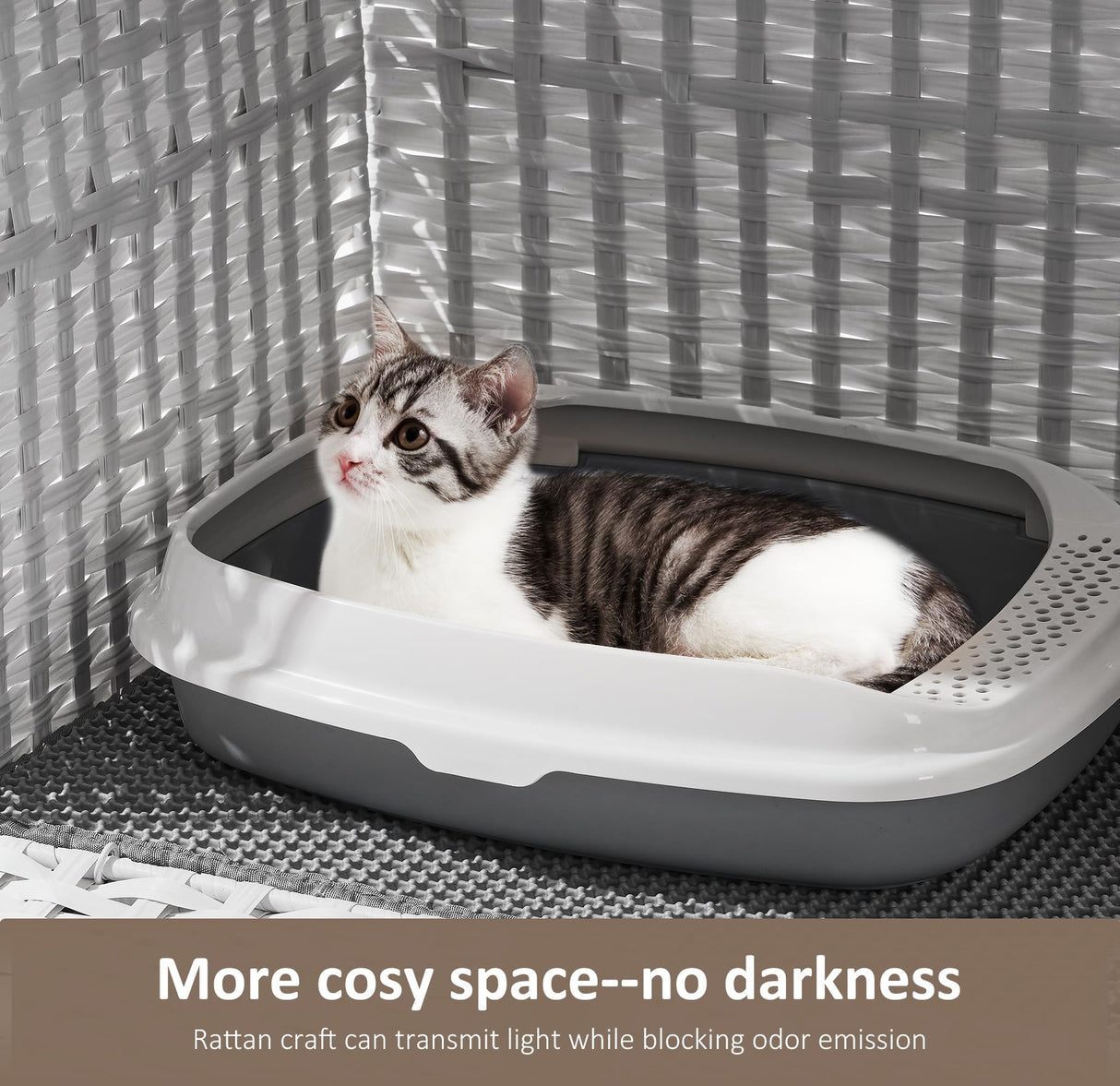 Cat Litter Box Enclosure with Soft Litter Mat; Hidden Cat Washroom Furniture with Door; Handwoven Rattan Cat House with Large Space; Pet Crate for Living Room, Bedroom, Balcony (White) Honiakaka