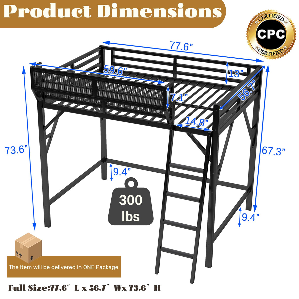 Mirightone Full Size loft Bed with A Shelf, Metal Loft Beds with Soft Ladder Rung Cover, Heavy-Duty Tall Loft Bed Frame for Kids Boys Girls Teens Adults, Noise-Free,No Box Spring Needed, Black Mirightone