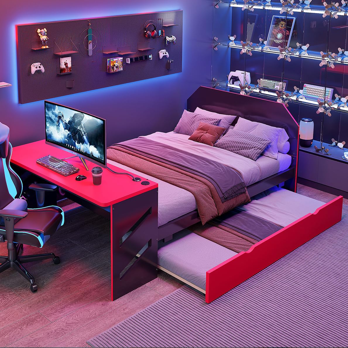 Hennhari Full Size Bed with Twin Trundle and Charging Station, Gaming Flair Wood Bed Frame with Desk and USB Charging for Bedroom or Study Rooms, No Box Spring Needed (Red) Hennhari