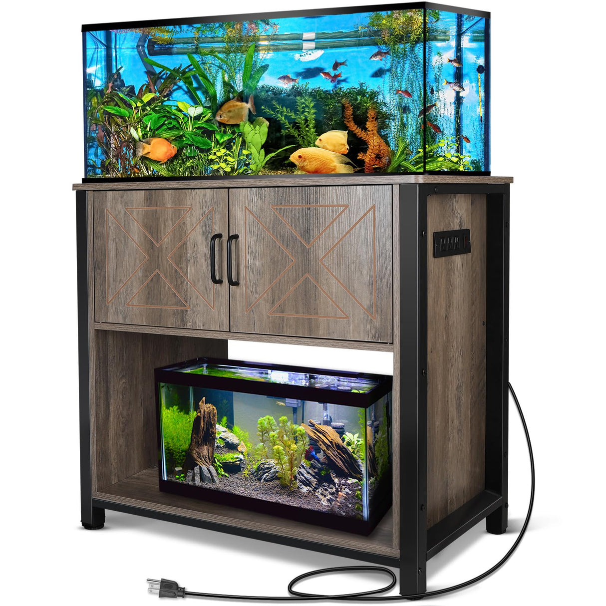 BEURUKU 40 Gallon Tank Stand with Cabinet and Power Outlets, Heavy Duty Metal Aquarium Stand for 40-50 Gallon Breeder Tank, Turtle Tank, Double Terrarium Stand, 660LBS Capacity, Grey BEURUKU