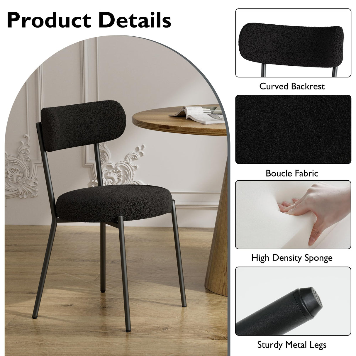 RGZ Modern Oval Dining Table Set for 6, 7 Piece Dining Table and Chairs Set with Black Kitchen Table & 6 Black Upholstered Boucle Chairs, Dining Table for Dining Room, Kitchen, Living Room RGZ