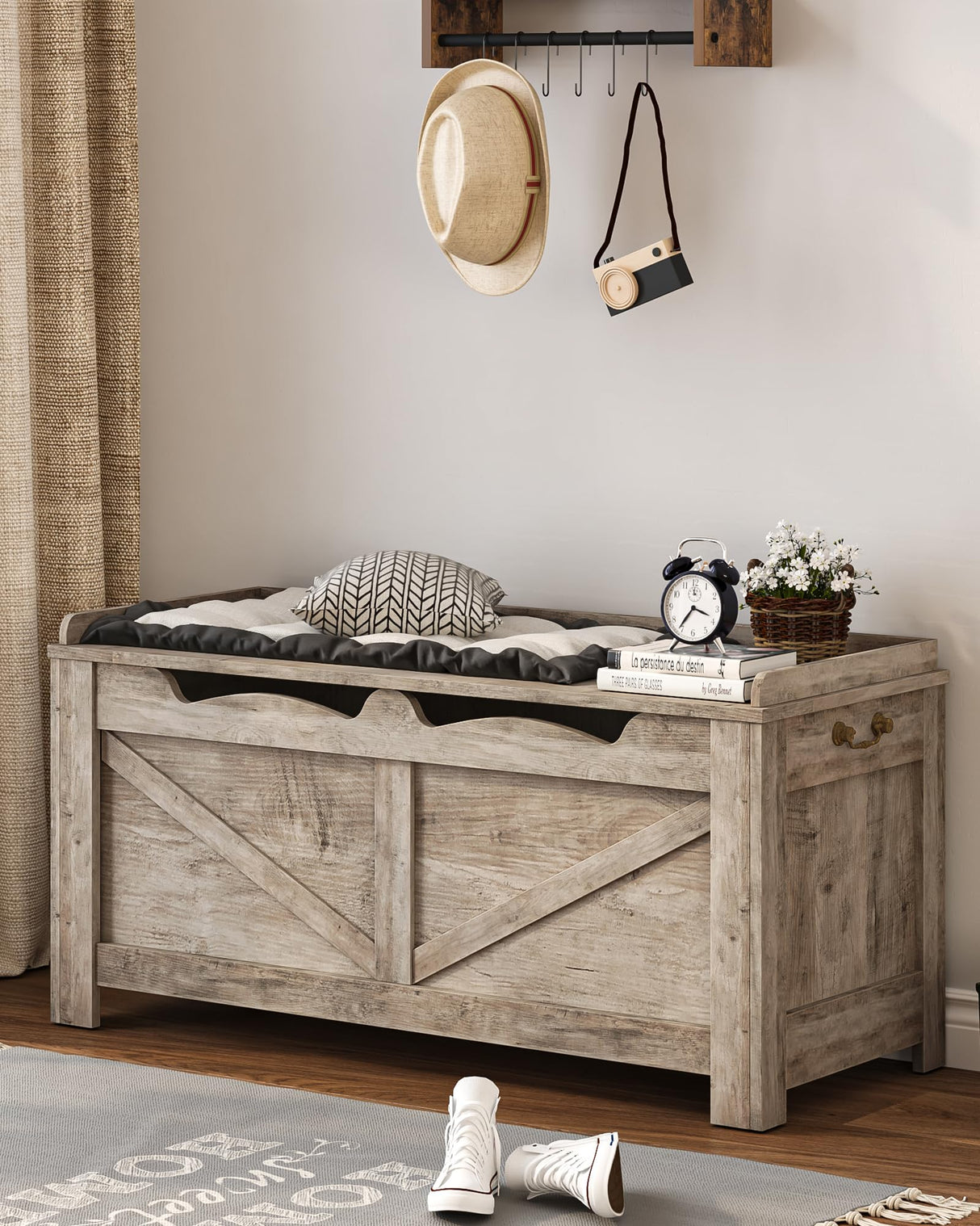 Hzuaneri 39.4" Storage Chest, Lift-Top Storage Trunk with 2 Safety Hinges, Wooden Bench Box Chest Organizer for Bedroom, Entryway, Living Room, Greige SB04505X Hzuaneri