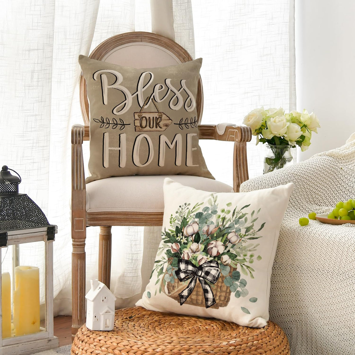 AVOIN colorlife Bless Our Home Farmhouse Eucalyptus Leaves Throw Pillow Covers, 18 x 18 Inch Truck Home Sweet Home Cushion Case Decorations Set of 4 AVOIN colorlife