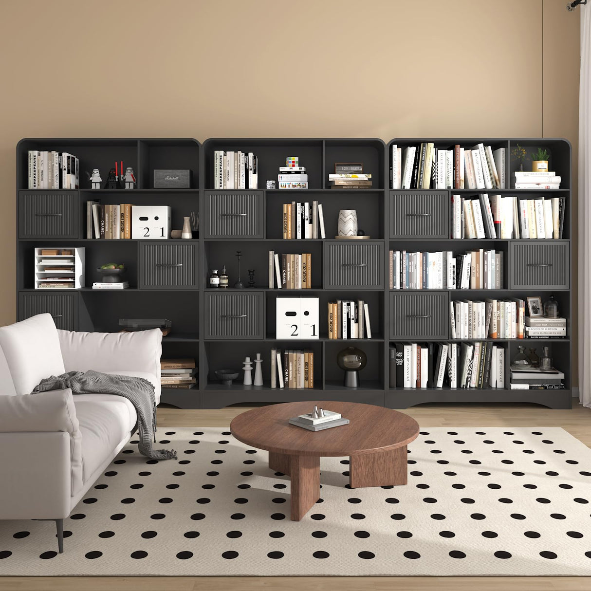 70" Tall Book Shelf and Bookcase, Tall Bookshelf with Storage, 48" Wide Modern Bookcase with Adjustable 3 Bins Storage, Large Bookshelf Wood 13" Deep Display Shelves for Living Room, Home Office,Black SOLACE FURNITURE