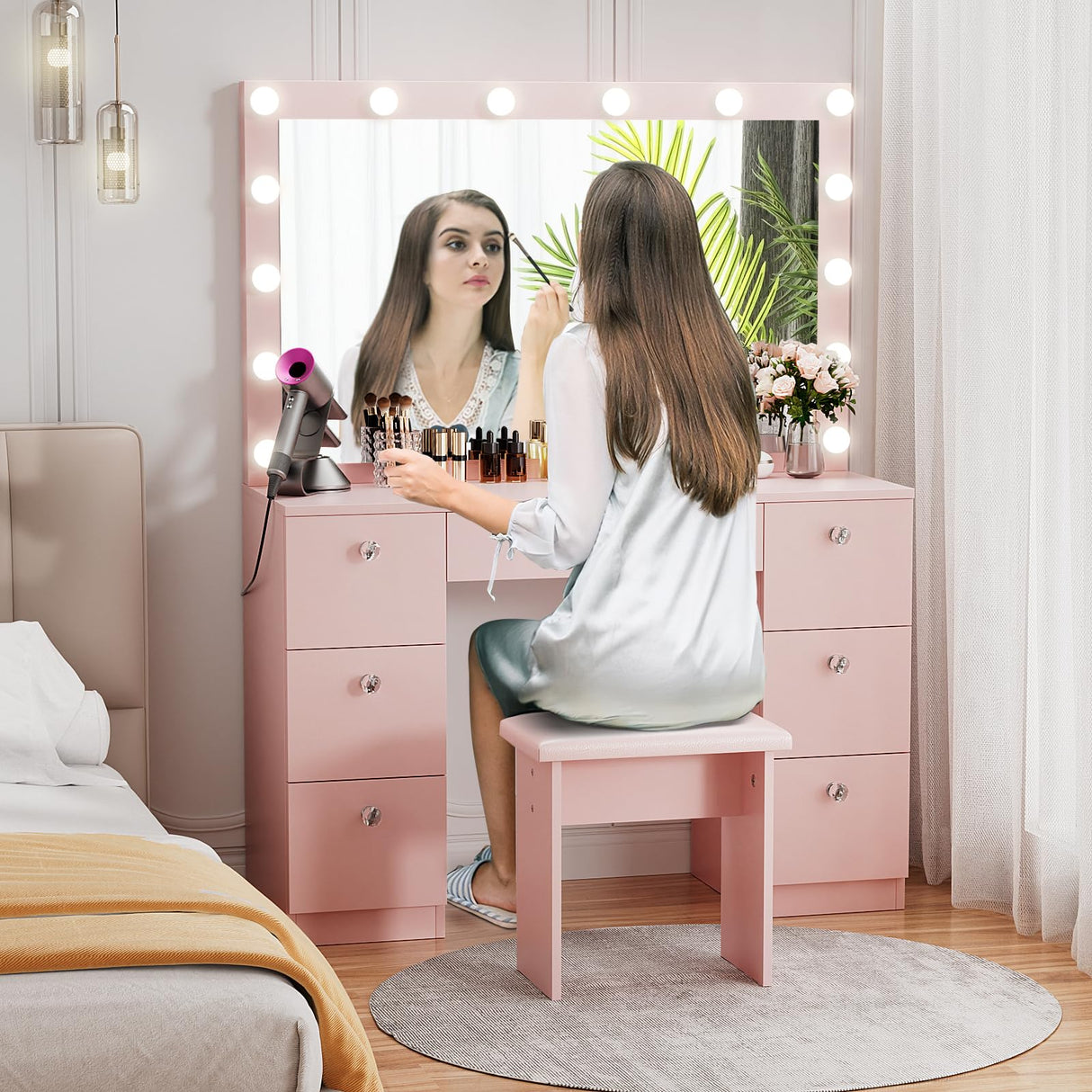 VOWNER Vanity with Lighted Mirror - Makeup Vanity Desk with Glass Top, 7 Drawers and Power Outlet, 3 Color Lighting Modes Adjustable Brightness, 44" Vanity Table with Stool for Women Girls, Pink VOWNER