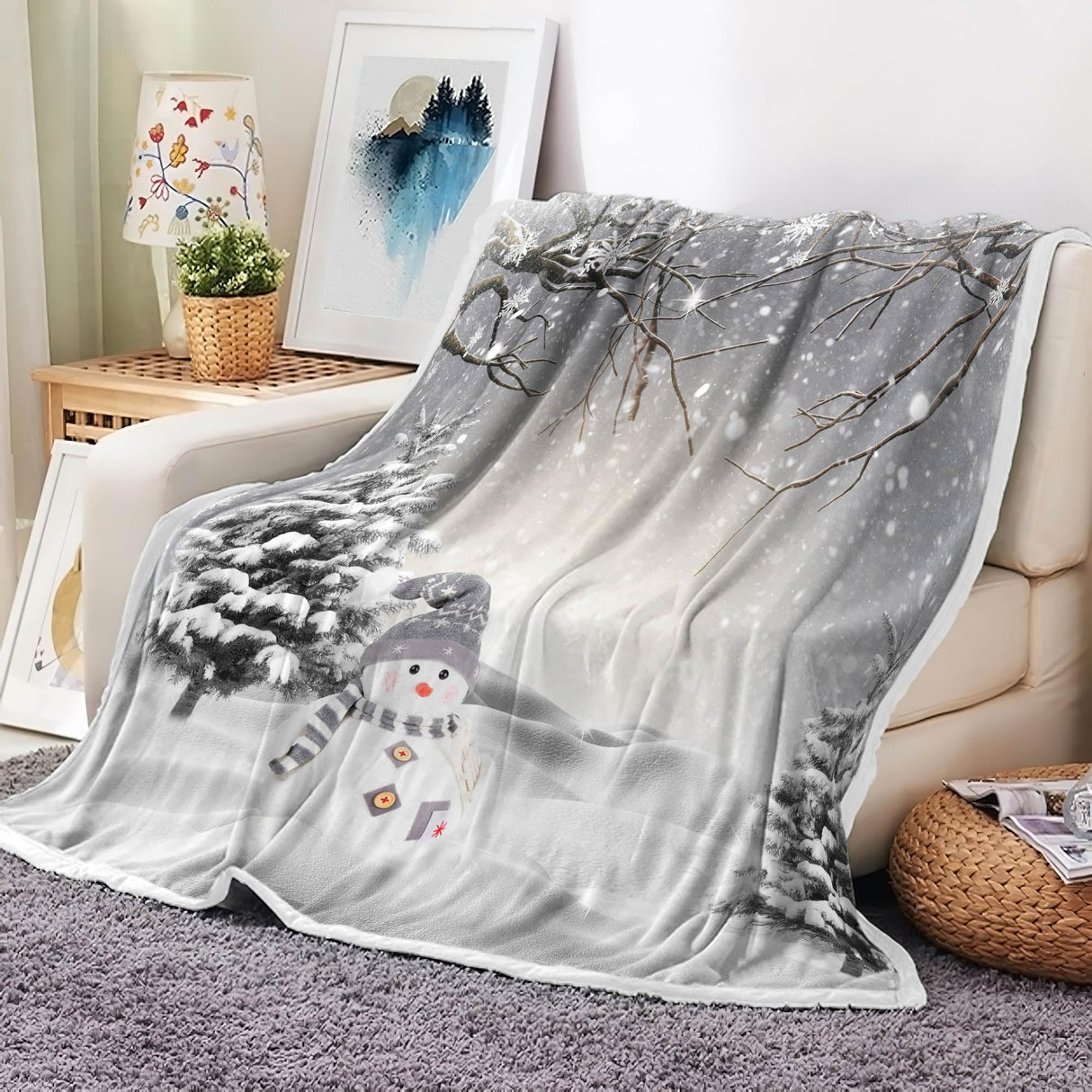 Christmas Throw Blanket, Winter Snowman Snowflake Christmas Fleece Blanket, Xmas Trees Soft Plush Warm Cabin Throw for Couch Sofa Bed Decor 50" x 60" JAWO