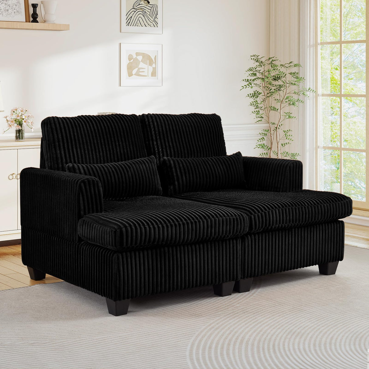JEEOHEY Double Chaise Lounge Chair Indoor, 61" W Corduroy Small Loveseat Couch with Adjustable Backrest, Modern Comfy Couch, Deep Seat Sofa, Leisure Sleeper Sofa Bed for Living Room,Bedroom(Black) JEEOHEY