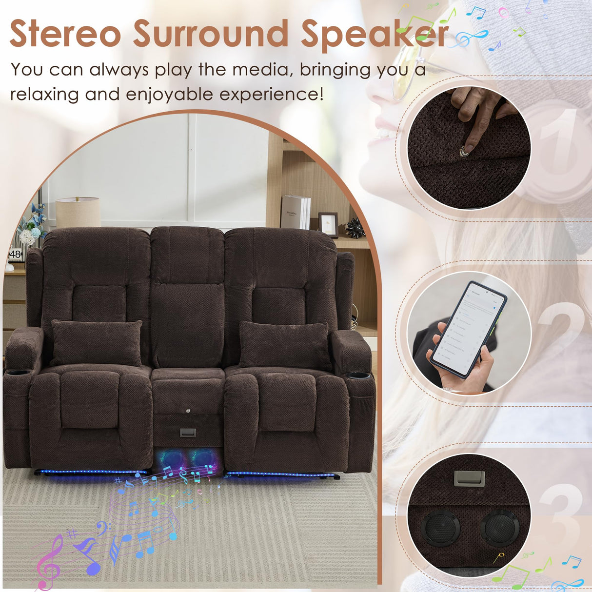 TUNYI Wall Hugger Power Loveseat Recliner - Reclining Loveseat with Console Theater Seating RV Recliner Sofa with USB/Outlet/Speaker/Cup Holder/LED Light/Storage (Beibei VelvetBrown) TUNYI