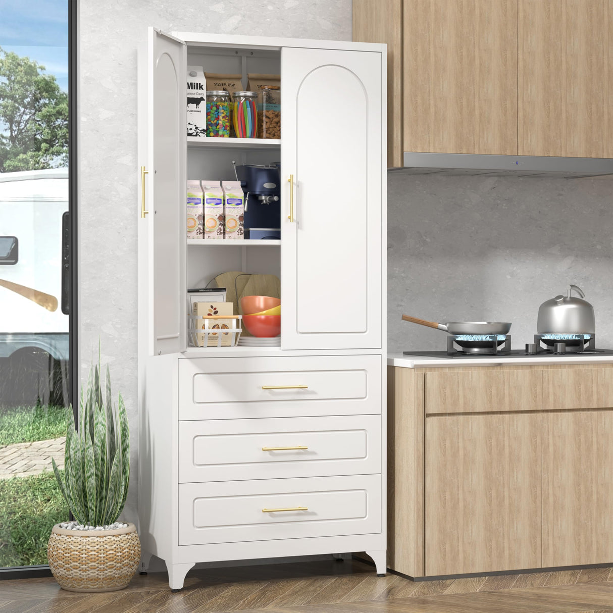 UNICOLY Pantry Kitchen Cabinet with Drawer, 75" Tall Pantry Storage Cabinet, Metal Storage Cabinets with Doors and Shelves, Large Freestanding Cupboard for Living, Dining Room, Assembly Required UNICOLY
