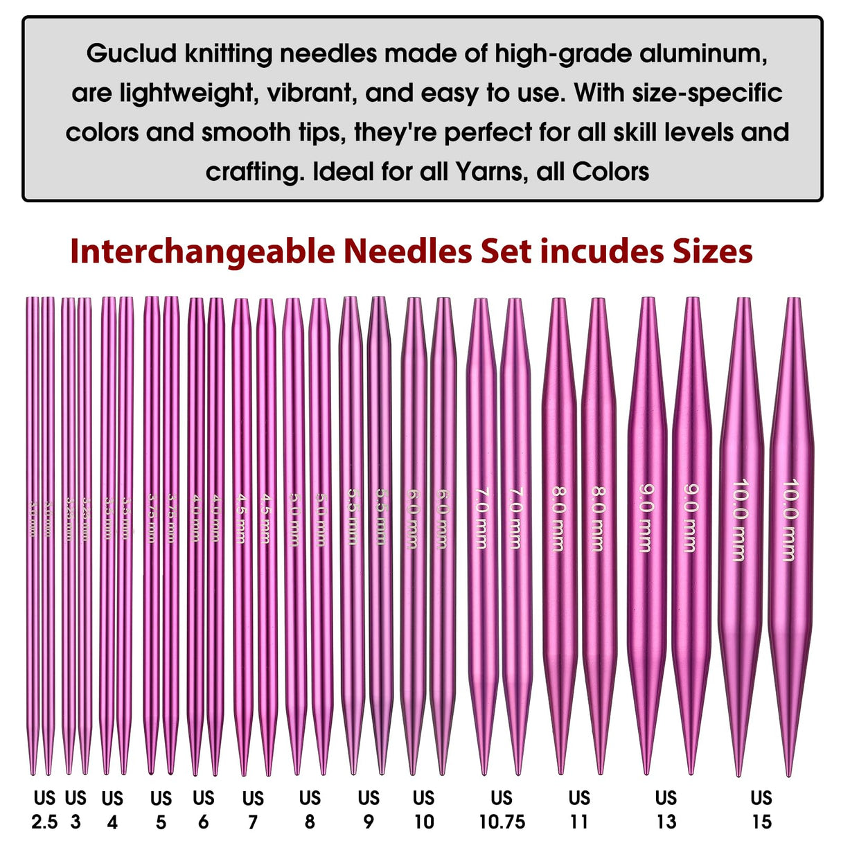 Guclud Interchangeable Circular Knitting Needles Set 4-inch Round Metal Knitting Needles Sizes US 2.5, 3, 4, 5, 6, 7, 8, 9, 10, 10.5, 11, 13, 15 with 4 Cords, Accessories and Case GUCLUD