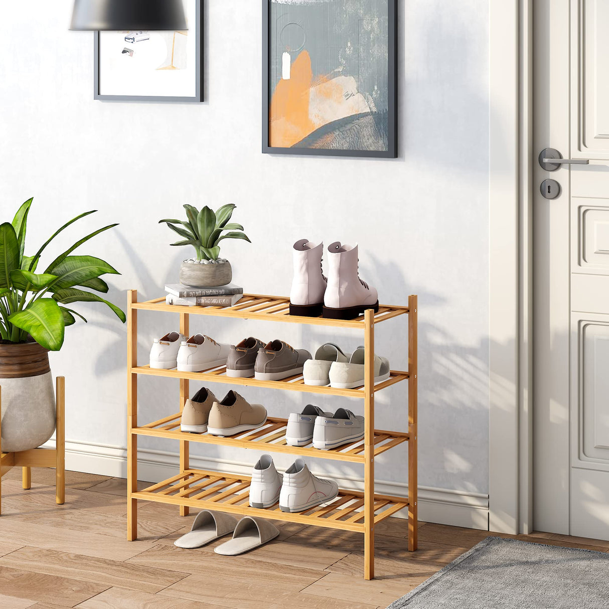 BMOSU 4-Tier Bamboo Shoe Rack Premium Stackable Shoe Shelf Storage Organizer for Hallway Closet Living Room Entryway Organizer (Natural Bamboo) BMOSU