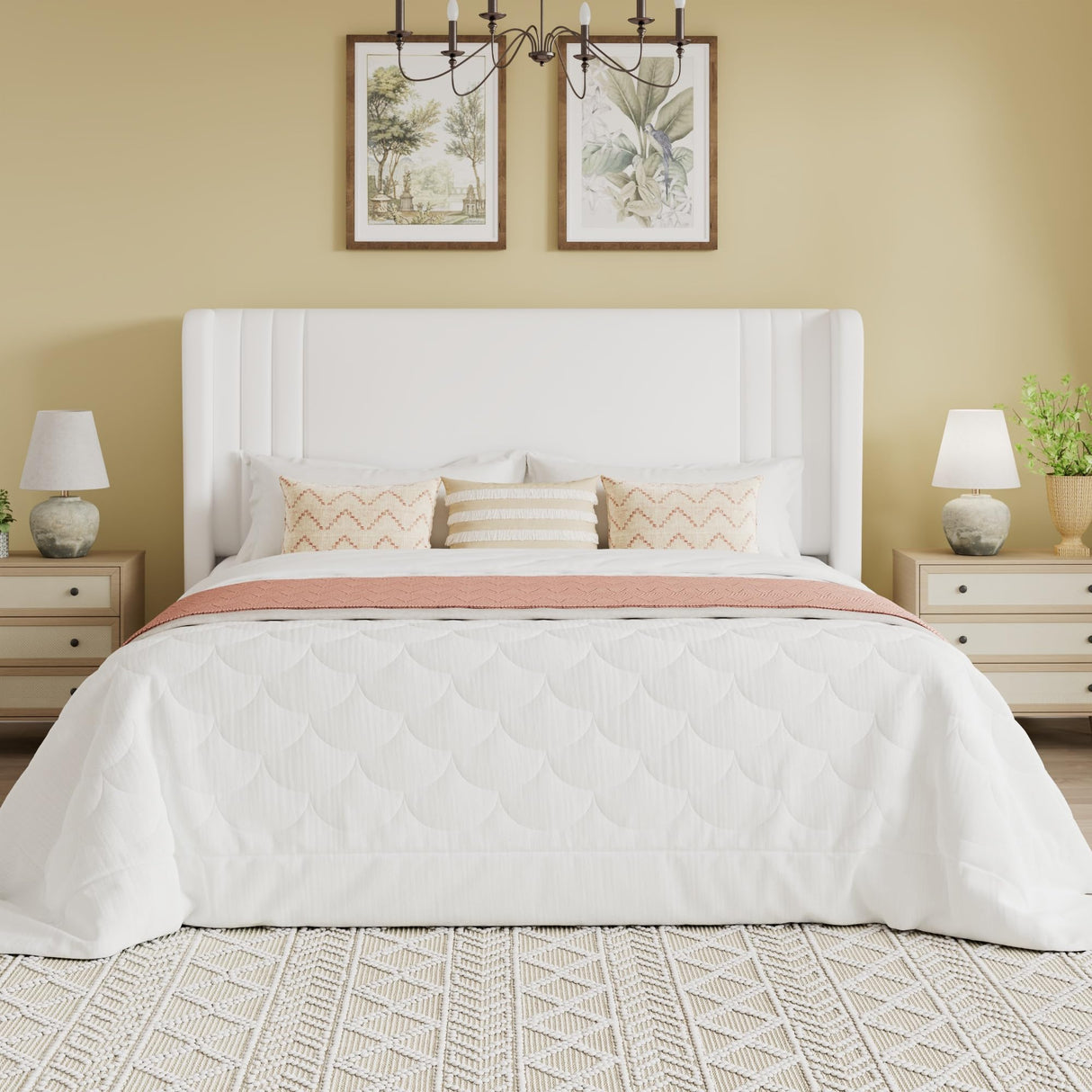 SHA CERLIN Full Size Velvet Upholstered Platform Bed Frame with Vertical Channel Tufted Wingback Headboard, Wooden Slats Support, Easy Assembly, Under Bed Storage, No Box Spring Required, White SHA CERLIN