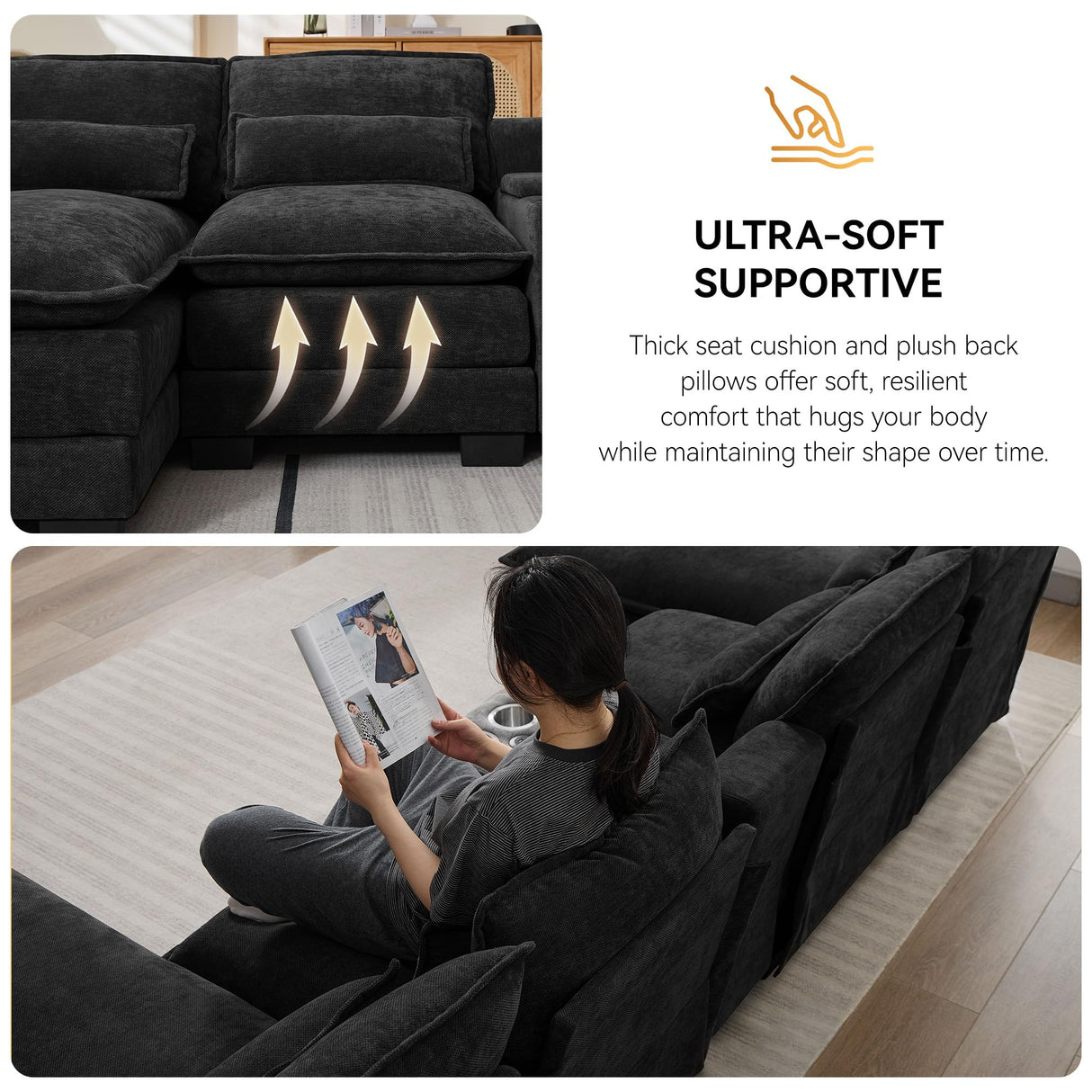 125'' U Shaped Cloud Modular Sofa with Chaise Lounges, Chenille Upholstered Comfy Sectional Couch with Storage Console, USB Charging Ports & Cup Holders, Modern Deep Seat Sofa for Living Room, Black WUTUTUEE