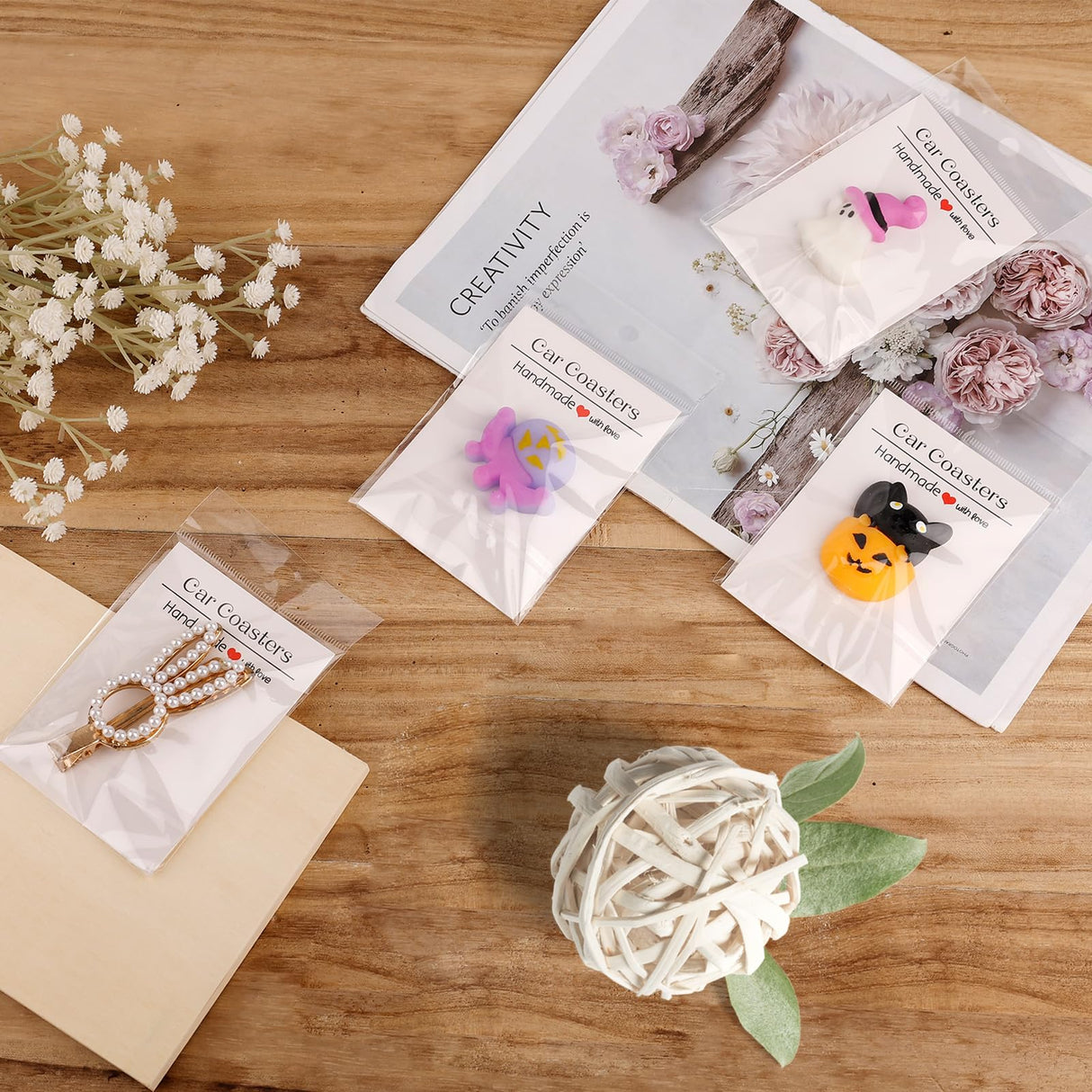 100 Sets Car Coaster Packaging, Includes 100pcs Car Coasters Display Cards & 100pcs Self Sealing Cellophane Bags, Sublimation Coaster Packaging for Selling Car Coasters (Single Pack) NQEUEPN