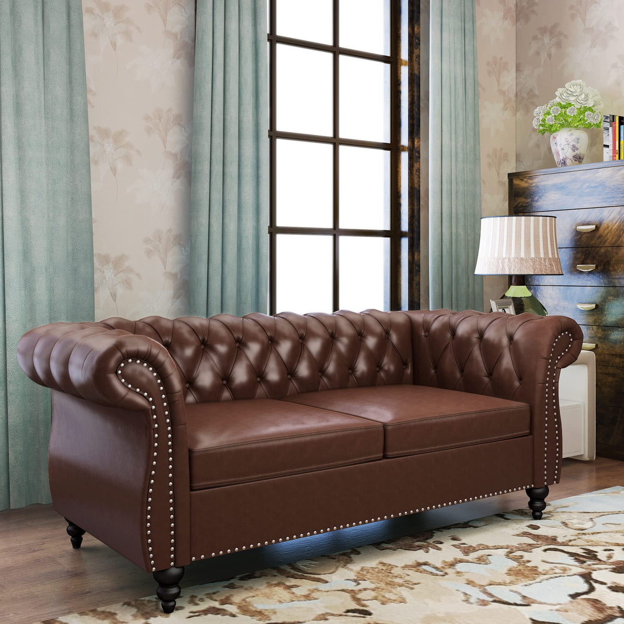 Chesterfield Loveseat, Modern Leather Sofa Tufted Couch 2 Seater with Rolled Arms and Nailhead for Living Room, Bedroom, Office, Apartment (Dark Brown) ORRD