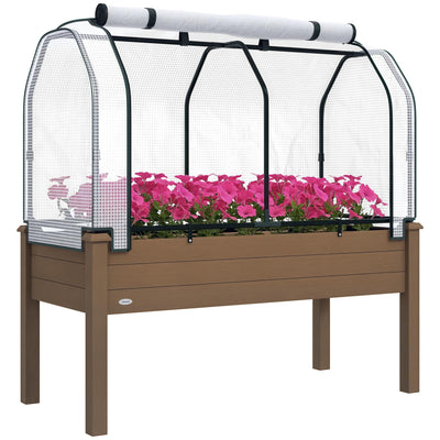 Outsunny Raised Garden Bed with PE Greenhouse Cover Outdoor Elevated Wood Planter Box for Herbs and Vegetables, Use for Patio, Backyard, Balcony, 48 x 22 x 46 inch, Brown