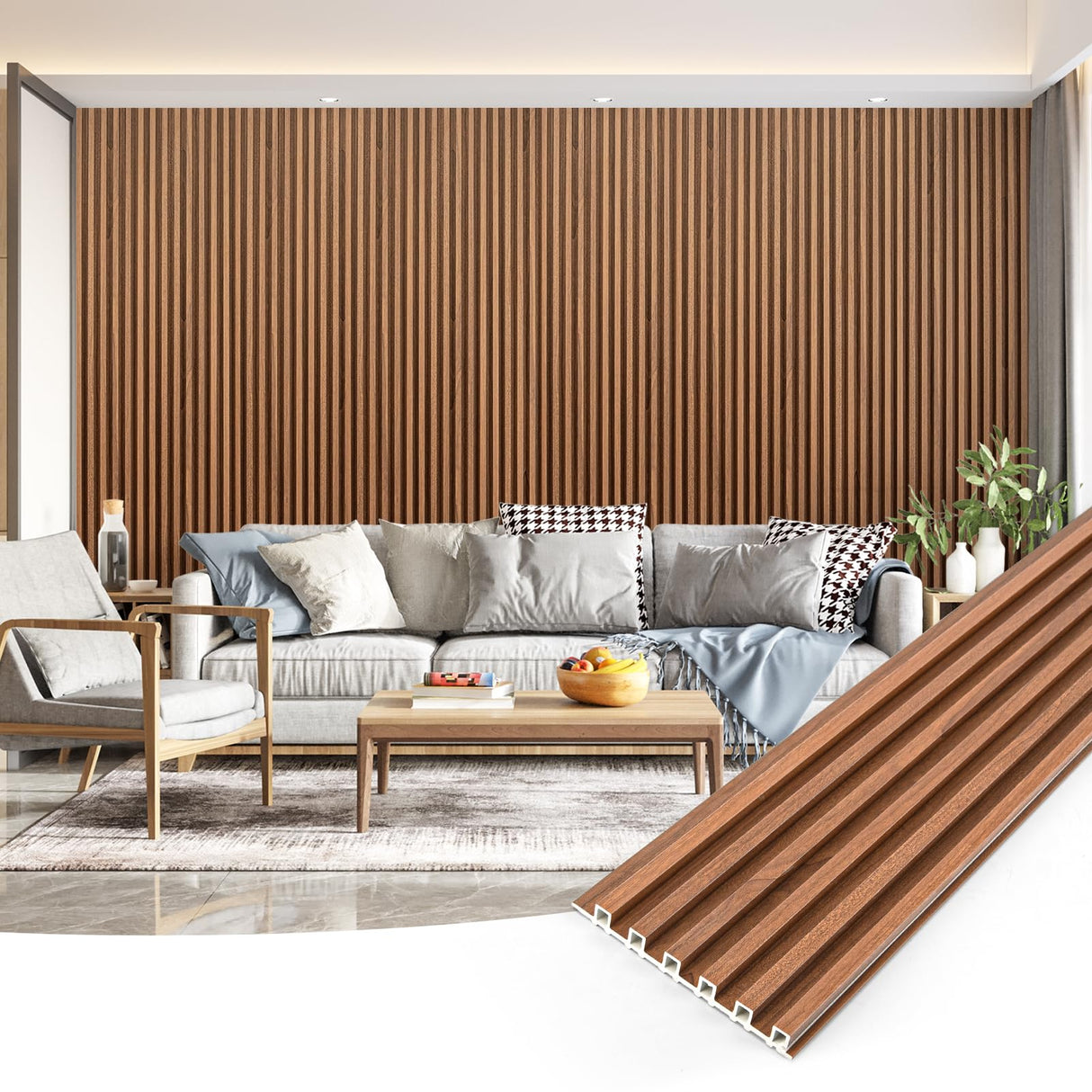 Art3dwallpanels 8 Pack Wood Slat Wall Paneling, 104'' x 6.7'' WPC Soundproof 3D Wall Panels for Interior Wall Decor, Fluted Textured Panel Wall Slats, Teak Art3dwallpanels