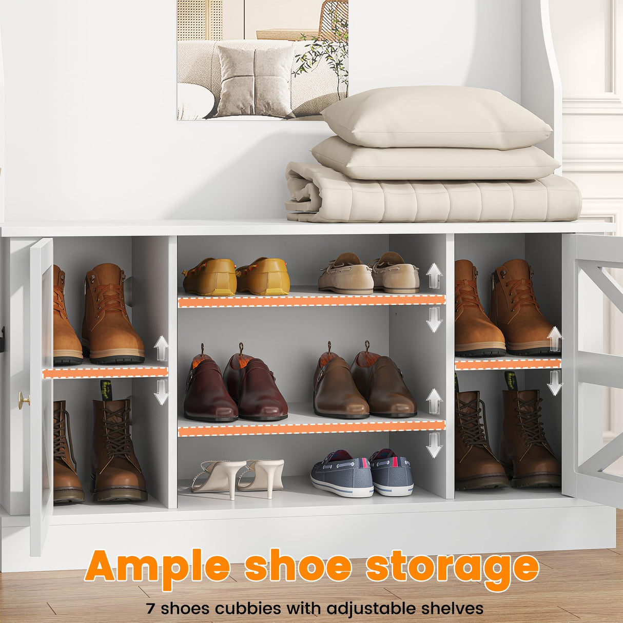 Semoic Farmhouse Hall Tree with Bench and Shoe Storage, 7-in-1 Entryway Storage Bench with 8 Coat Racks, Shoe Rack with 7 Shoe Cubbies & Mirror & LED Light, Mudroom/Hallway Storages, White Semoic