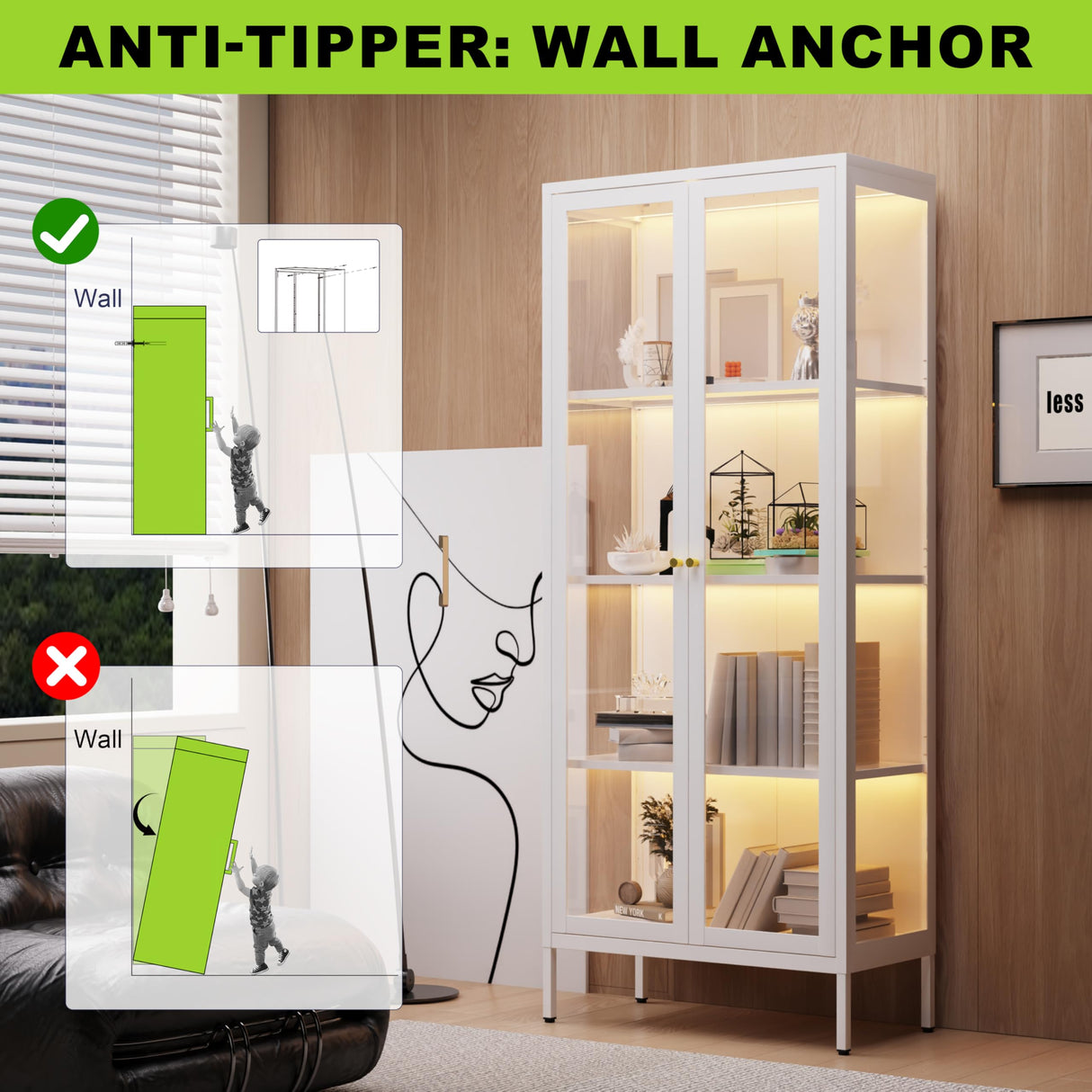 UNICOLY Display Cabinet with Glass Doors, Glass Display Cabinet with Lights, Curio Display Cabinet with 3 Shelves, Metal Storage Cabinet with 3 Color LED Lights for Living Room. White UNICOLY