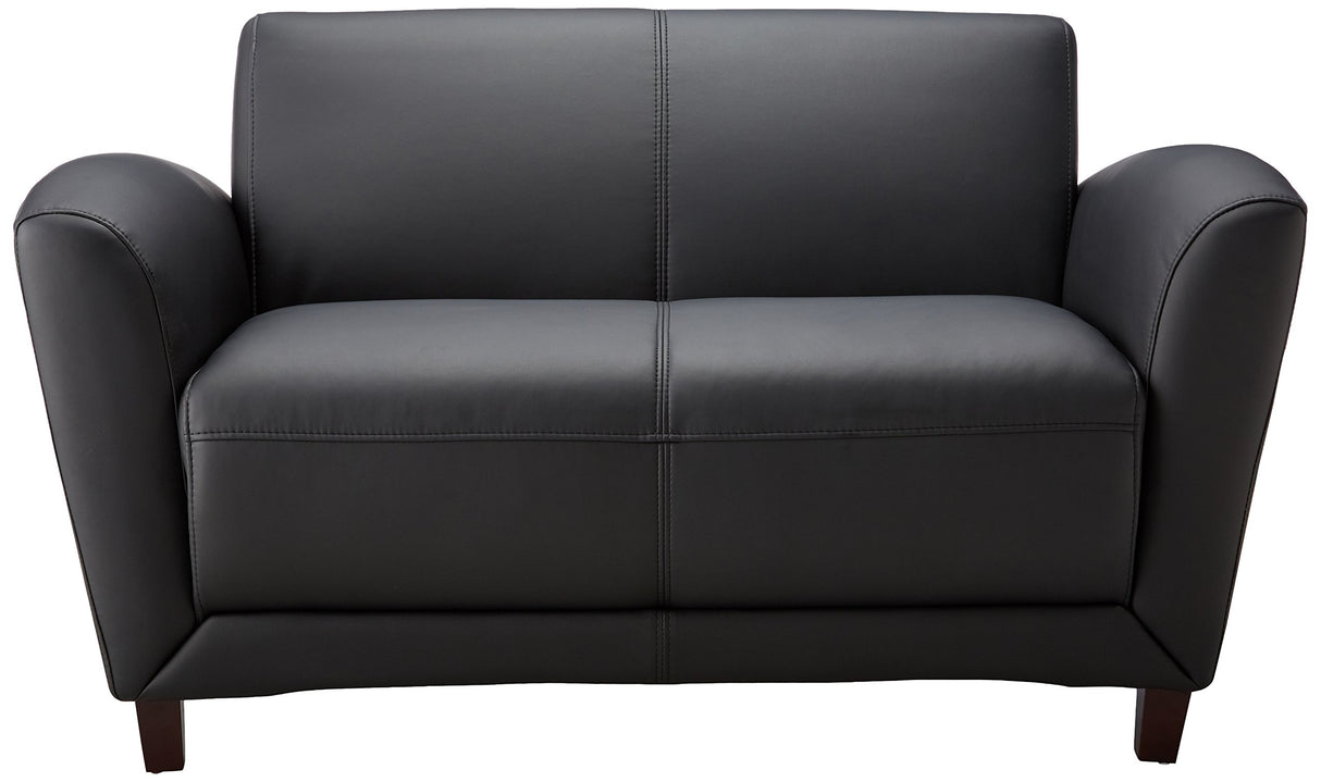 Lorell Accession Reception Loveseat, 55" x 22" x 31.25", Black Bonded Leather with Mahogany Legs Lorell