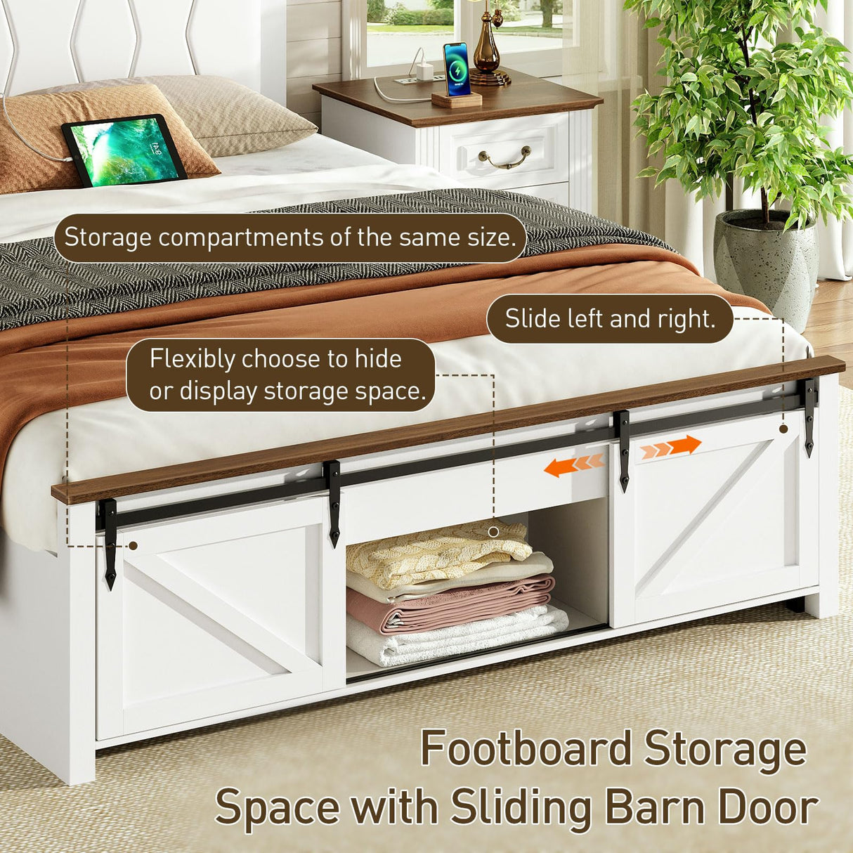 Farmhouse Full Size Bed Frame with Sliding Barn Door and Storage Bookcase, PU Leather Headboard with Charging Station and LED Light, Arc-Shaped Slats, No Box Spring Needed, No Noise, White and Walnut RALGEND