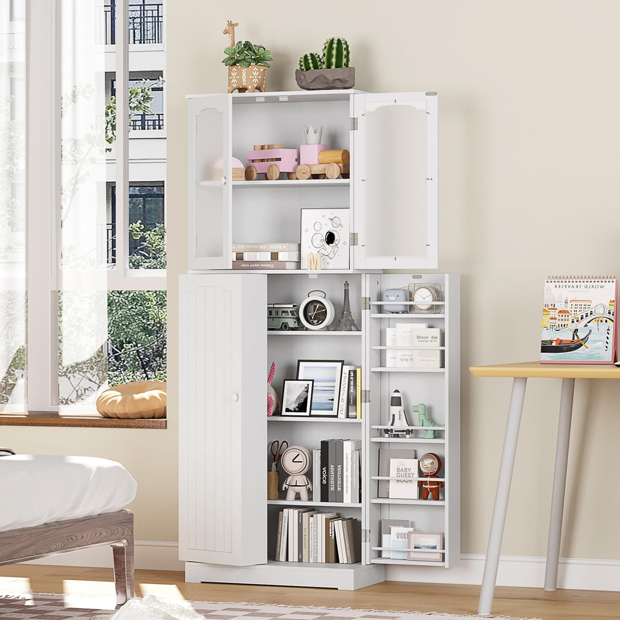 HOME BI 64" Kitchen Pantry Cabinet, Tall Freestanding Pantry with Glass Doors,Wooden Food Pantry Storage Cabinet for Home Kitchen, Dining Room, Living Room, White HOME BI