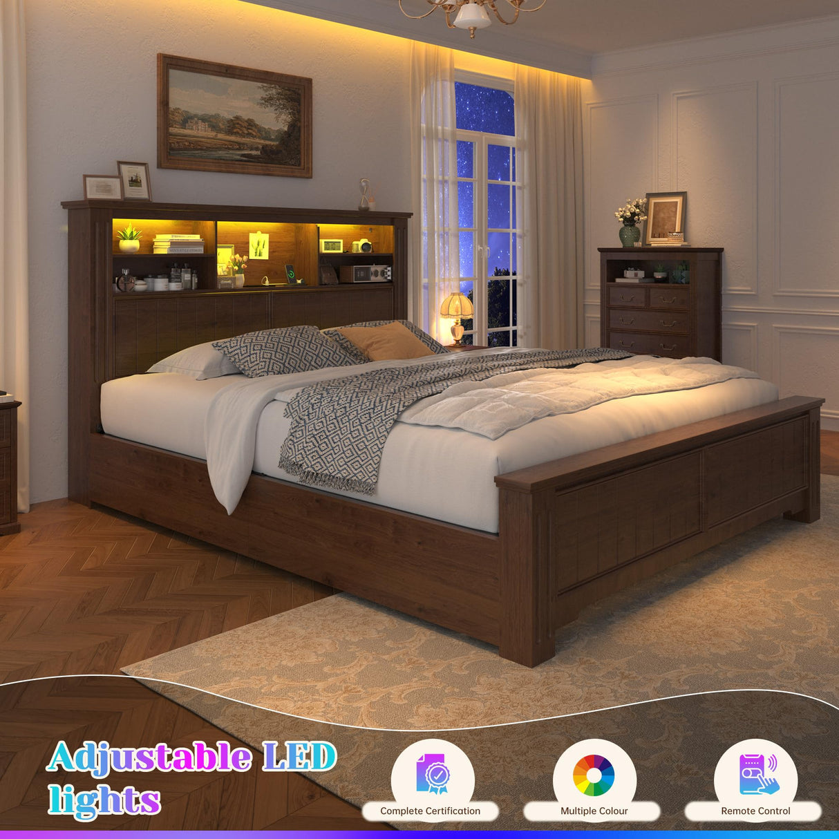 EnHomee Full Size Bed Frame with Headboard and Storage, 4 Drawers and LED Built in Charging Station Full Bed Frame with Storage Farmhouse, NO Noise,No Box Spring Needed,Brown EnHomee