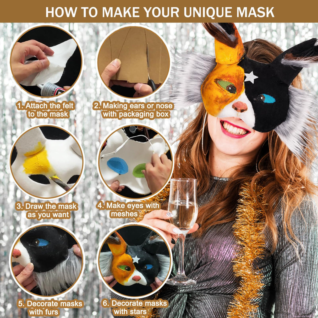OPPKIE Cat Fox Therian Masks 6PCS with Felt Furs Eye Meshes and Stars, Costume Furry Masks to Paint, Animal Mask Arts Crafts Kit, Dress Up DIY for Halloween Christmas Cosplay Party Interaction OPPKIE