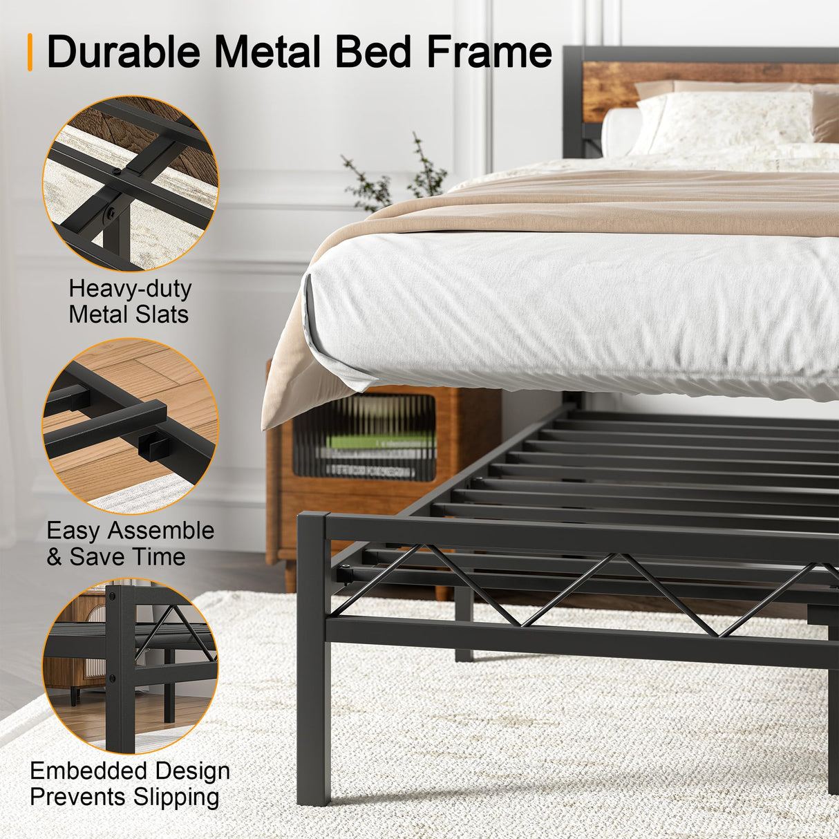 VECELO Full Size Bed Frame with Headboard, Heavy-Duty Platform Bedframe with Metal Slats Support, No Box Spring Needed, Easy Assembly, Black & Brown VECELO