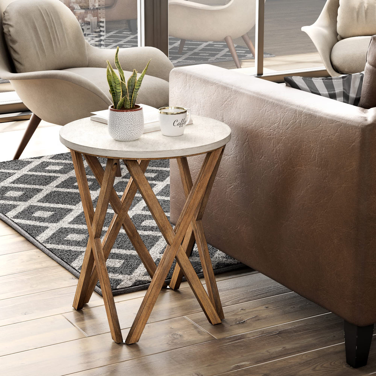 LONYKE Round End Table, Distressed White Top with 4-Legs Base Beside Table for Modern Farmhouse, Boho Decor, White and Natural LONYKE