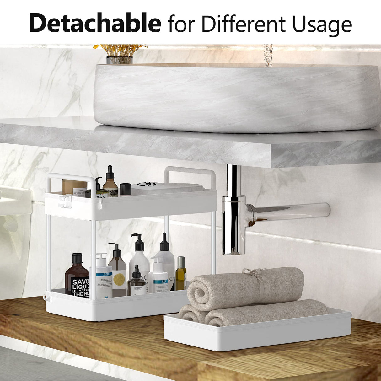 SOLEJAZZ Rolling Storage Cart, 3 Tier Utility Cart Mobile Slide Out Organizer, Bathroom Standing Rack Shelving Unit Organizer for Kitchen, Bathroom, Laundry Room, White SOLEJAZZ