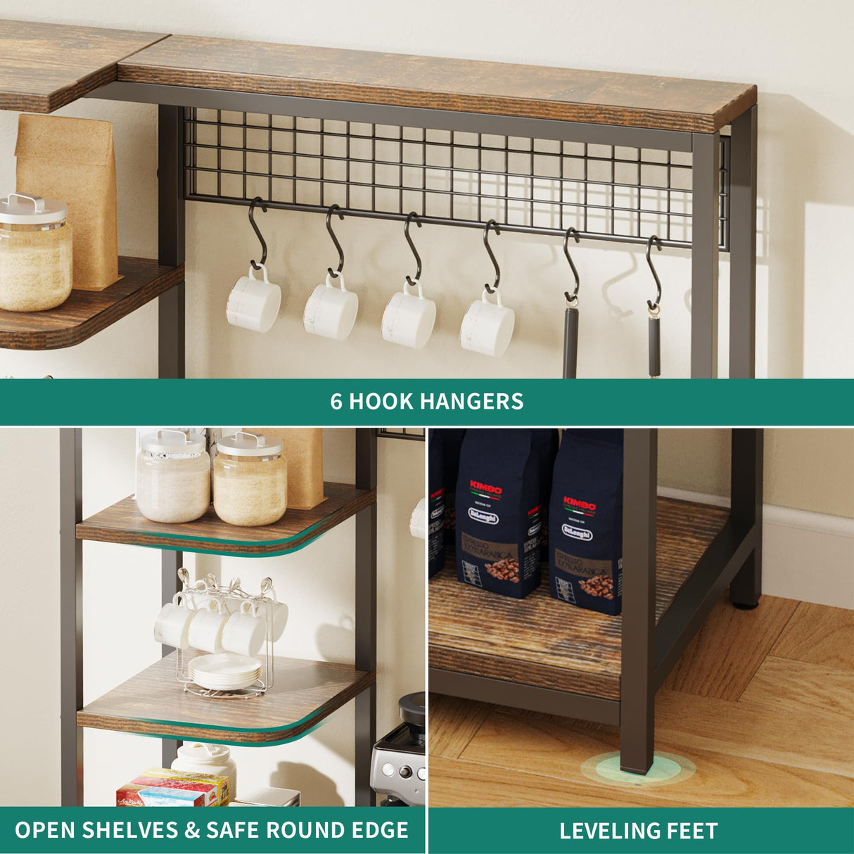 YITAHOME 39 Inch Rustic Brown Kitchen Microwave Stand and Bakers Rack with Power Outlet and 6 Hooks YITAHOME