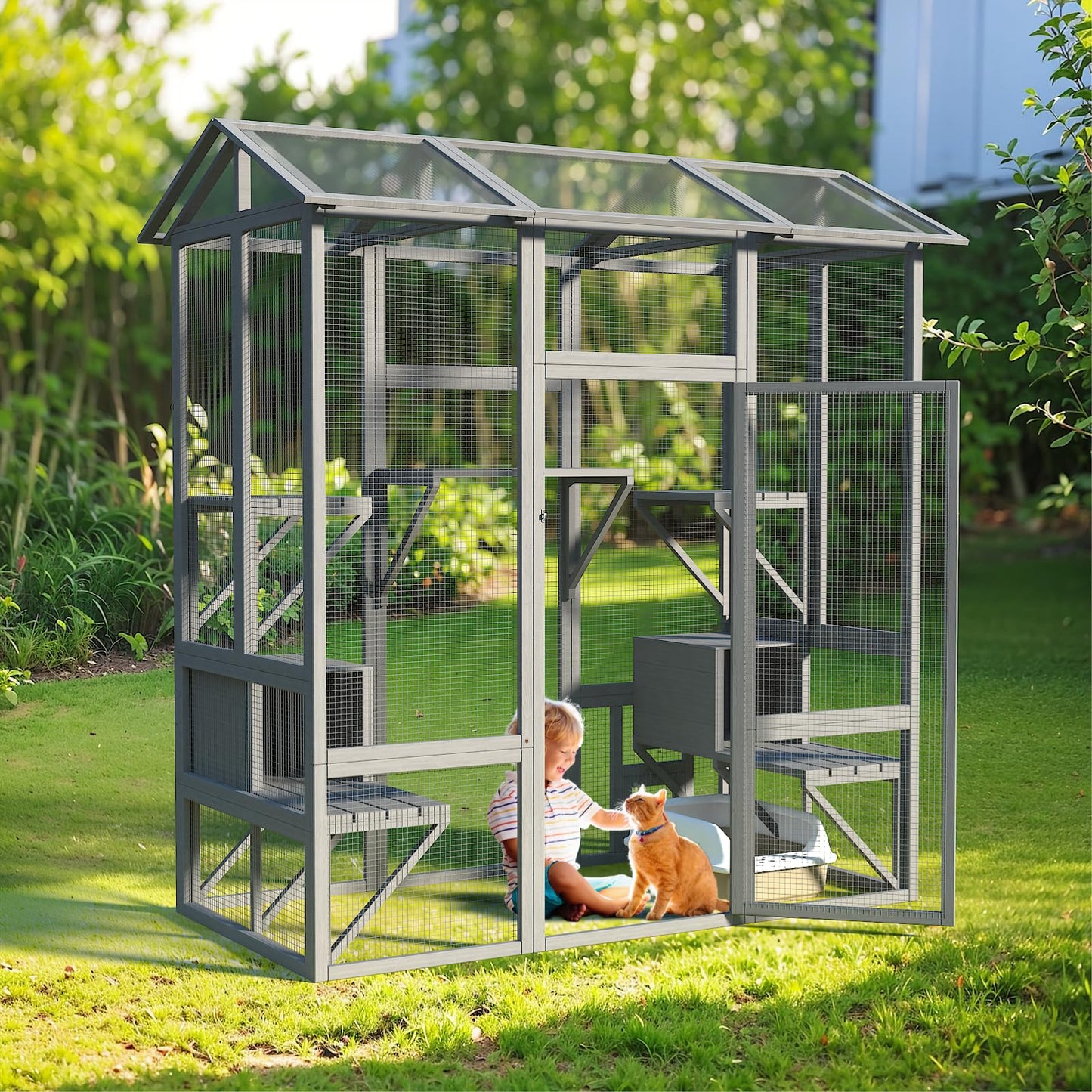 TIMHAKA Cat Catio, Large Cat House Outdoor, Outside Cat Enclosure with Sunshine Panel Roof and Waterproof Cover, Wooden Cat Cage with 7 Platforms & 2 Resting Box, Walk in Feral Cat Shelter, 72 inch