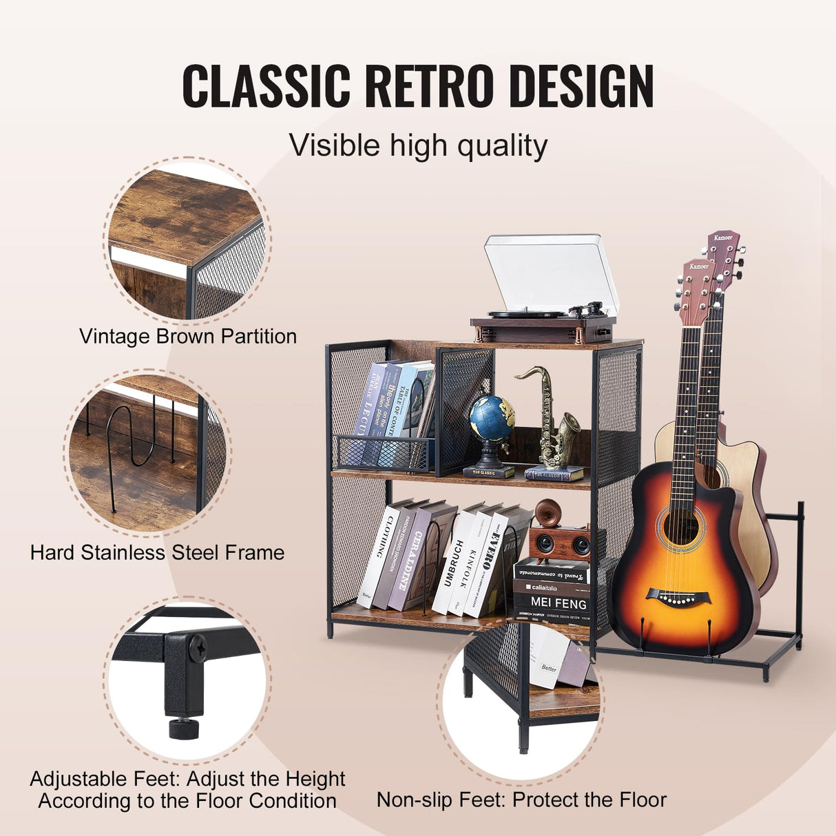 VEVOR 3-Tier Record Player Stand with Guitar Holder, Turntable Stand with Storage Holds Up to 300 Albums, Vinyl Record Cabinet with Metal Mesh Frame for Living Room, Bedroom, Black VEVOR