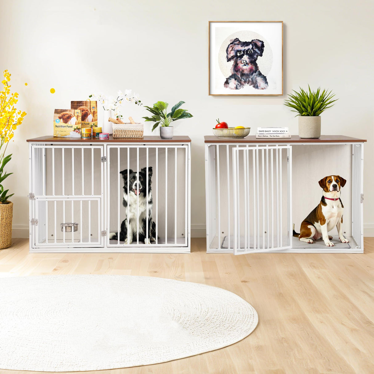 FKLUG Dog Crate Furniture for 2 Dogs, Corner Heavy Duty Double Dog Kennel Furniture with Divider, Indoor Wooden Dogs Crate Large Breed (White) FKLUG