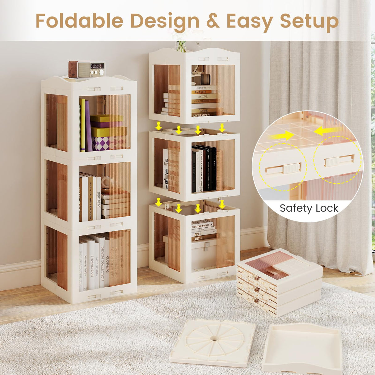 Giantex Foldable Rotating Bookshelf, 3-Tier Spinning Bookcase w/Swivel Base, 360° Revolving Bookshelf Tower, Tall Corner Display Shelf, Translucent Storage Organizer for Living Room, Study Giantex