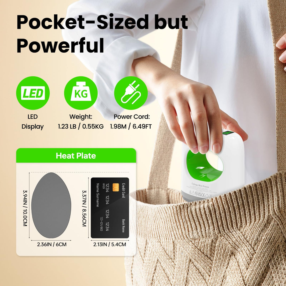 Calogy Super Mini Heat Press Machine, Max 410℉ & 4 Heating Setting with LED Display, Mini Iron for Crafting with Precision Tip, Easy for Small Objects Like Shoes, Stuffed Animals, Hats (White Green) Calogy