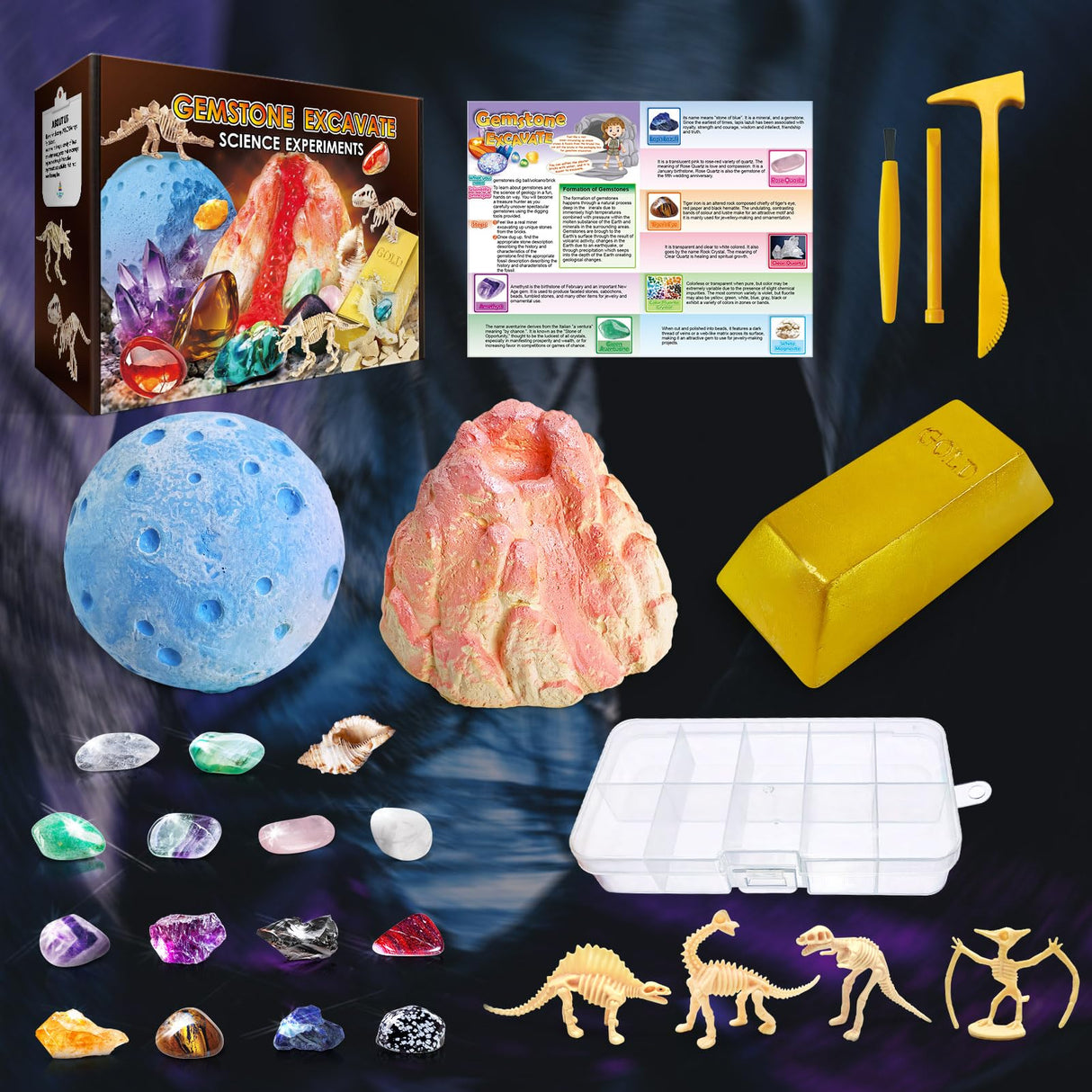 UNGLINGA Gemstone Excavation Gem Rock Dig Science Experiments Kit for Kids, Excavate 15 Gems and 4 Plastic Dinosaur Fossil Skeletons, Christmas Birthday Toys Gifts Idea for Girls and Boys UNGLINGA
