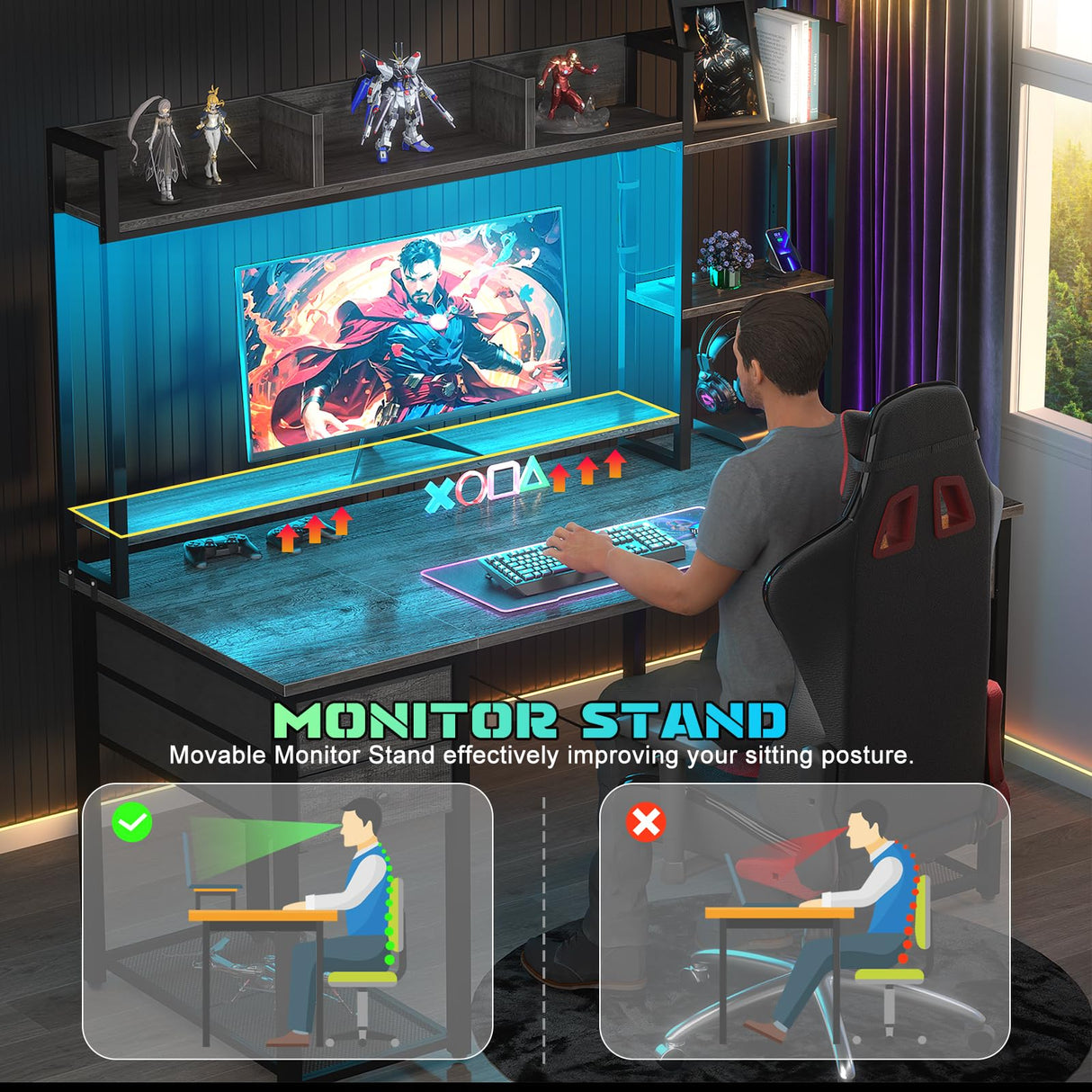 Aheaplus 47.2'' Black Oak Gaming Desk with LED Lights, Hutch, and Power Outlets Aheaplus