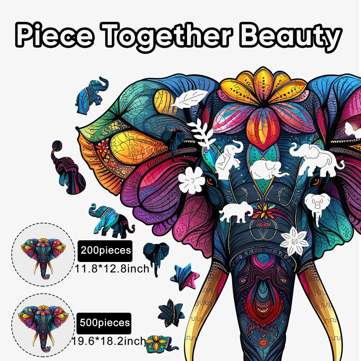 Ruikiyart Wooden Puzzles for Adults Mandala Elephant Jigsaw Puzzles 200Pcs Unique Shapes Colorful Animal Puzzles Fabulous Gift for Kids and Adults on Birthday,Thanksgiving,Christmas 11.8x12.8 Inches Ruikiyart