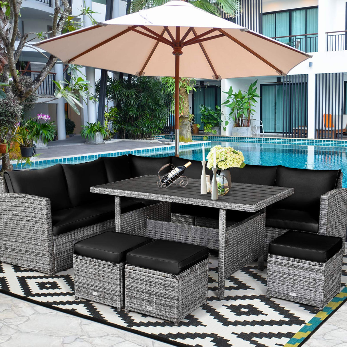 Tangkula 7 Pieces Patio Furniture Set, Outdoor Sectional Rattan Sofa Set with Cushions, All Weather Wicker Conversation Couch Set w/Dining Table & Ottomans for Backyard Garden Poolside (Black) Tangkula