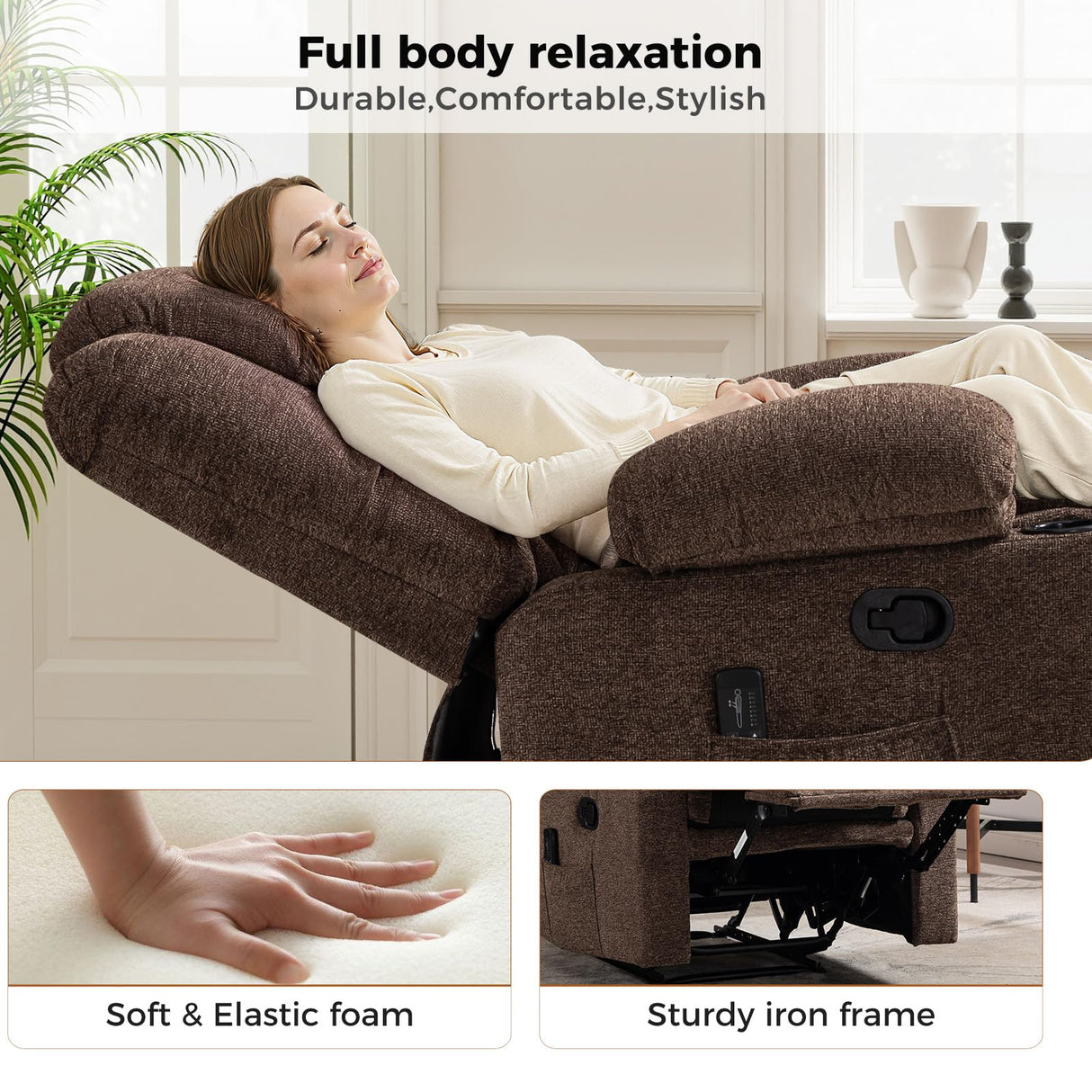 HAOMARKETS Classic Manual Recliner with Massage and Heat for Adults, Breathable Fabric Recliners with Two Cup Holders, Overstuffed Heavy Duty Reclining for Living Room, Brown HAOMARKETS