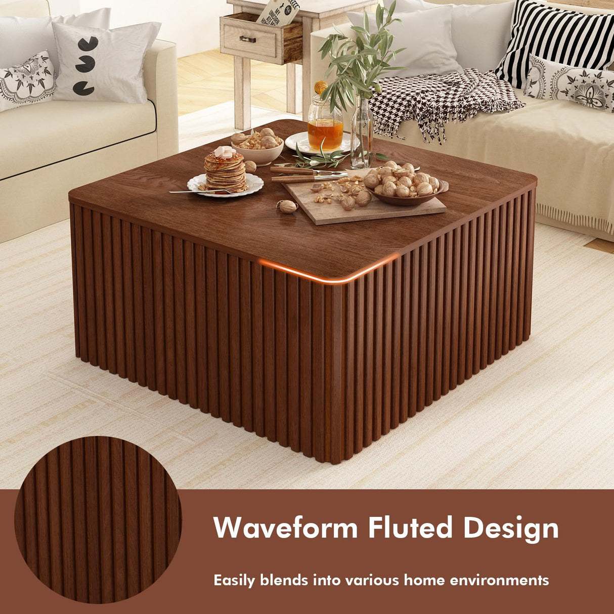 Fluted Square Coffee Table with Storage Large Wood Center Table with Solid Wood Veneer Top Mid Century Modern Low Coffee Table for Living Room, Rustic Brown HOKYHOKY