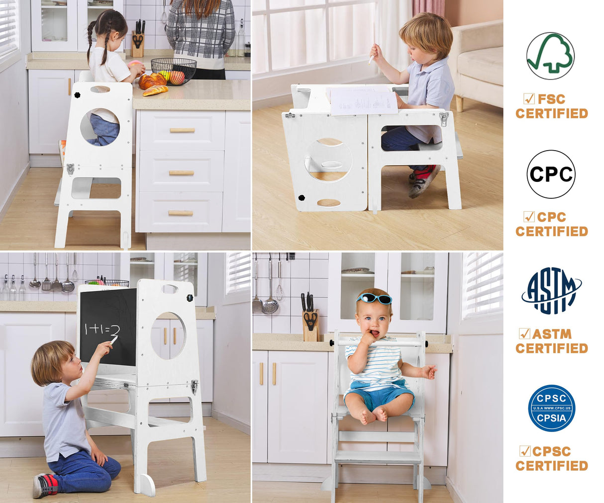 Foldable 4-in-1 Study Tower with Chalkboard for Learning, Montessori Kitchen Step Stool Toddlers Folding Stool for Kids 1-6years Ideal Helper (White) FANABAS