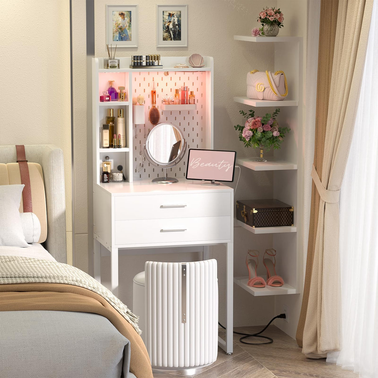 Besiost Small Vanity Desk with Hutch and Drawers, White Makeup Vanity Desk with Charging Station, Vanity Table Dressing Table with LED Lights, Vanity Desk No Mirror with Pegboard for Girls Women, 24" Besiost