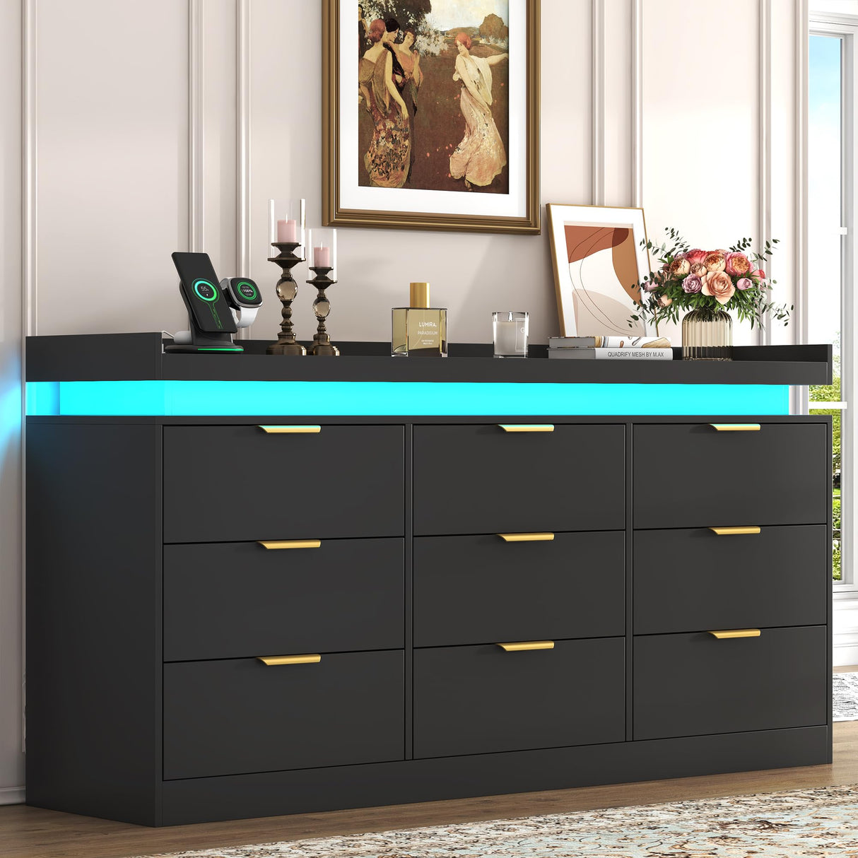 UNIQUITE 9 Drawer Dressers for Bedroom, Black Dresser with LED Light and Power Outlet, Modern Large Dresser & Chests of Drawers, Wood Triple Wide Dressers for Bedroom, Entryway, Hallway UNIQUITE