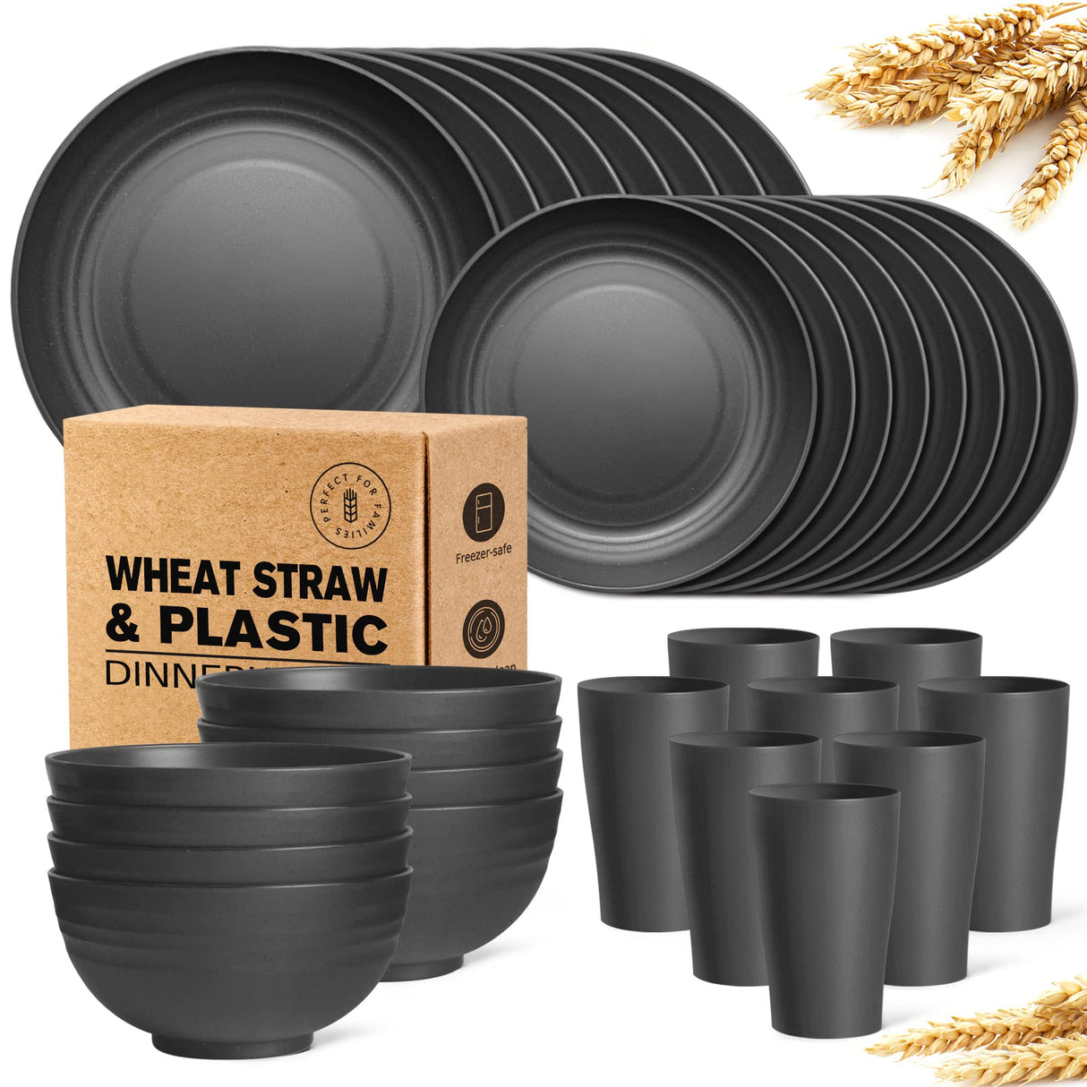 Teivio 32-Piece Kitchen Plastic Wheat Straw Dinnerware Set, Service for 8, Unbreakable Modern Dish Set - Dinner Plate/Dessert Plate/Cereal Bowl/Cup, for Apartment Essentials, Outdoor Camping,Black Teivio