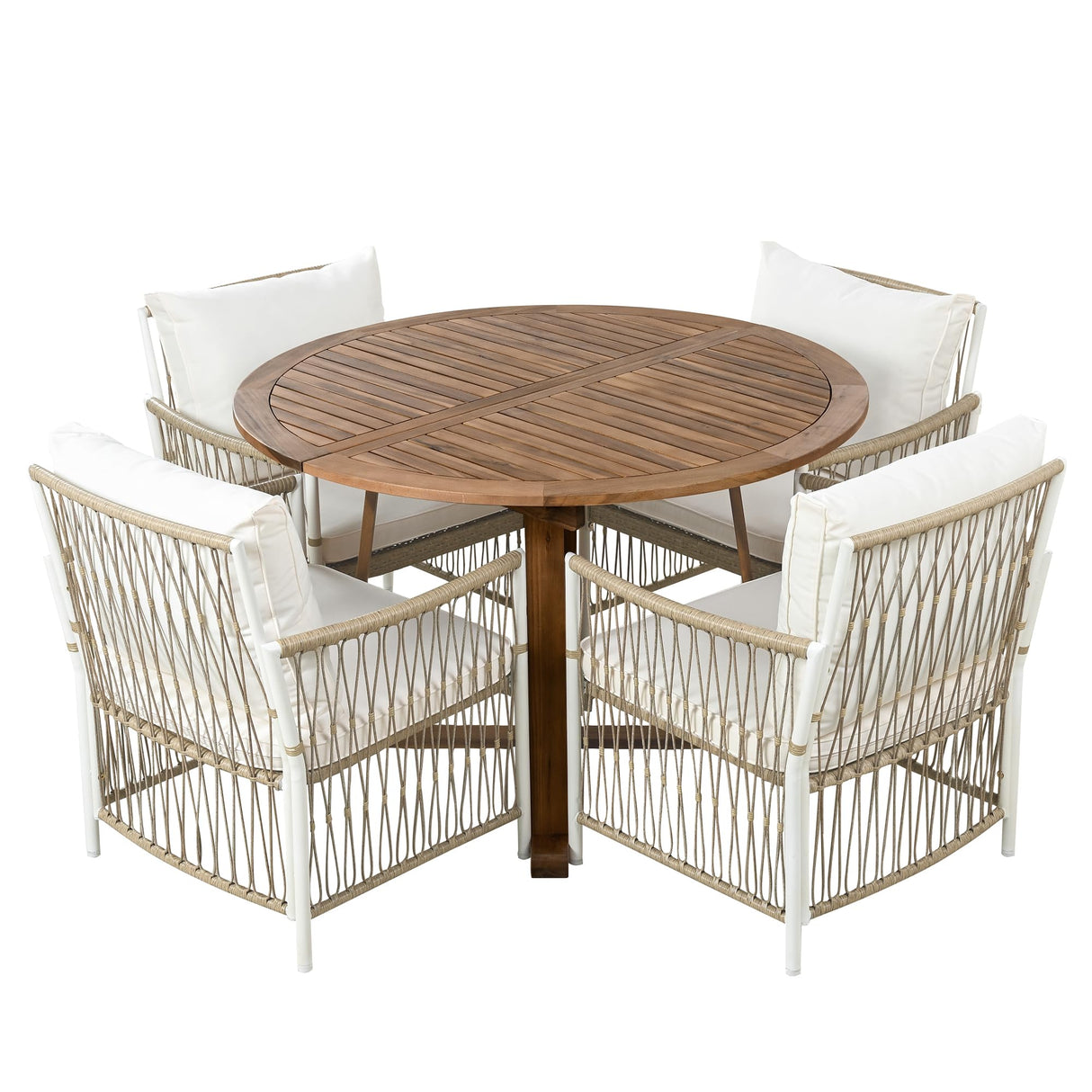 Modern 5-Piece Outdoor Patio Dining Set, All-Weather Acacia Wood Extendable Round Dining Table with 12inch Butterfly Leaf and 4 Rattan Arm Chairs for Backyard, Garden, Poolside CKLMMC